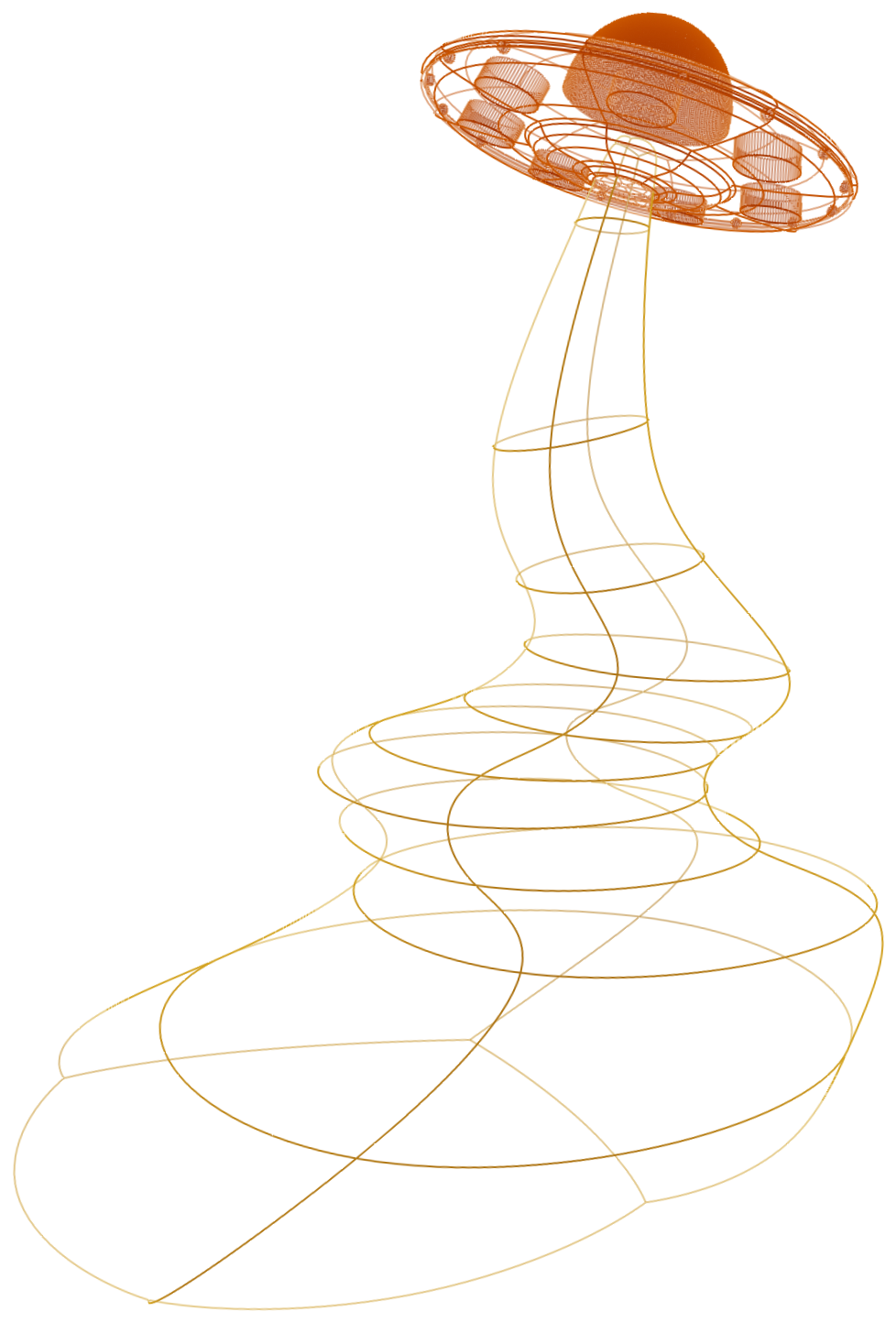 Wireframe del modelo 3D de un platillo volante que expulsa una especie de líquido denso por la parte inferior